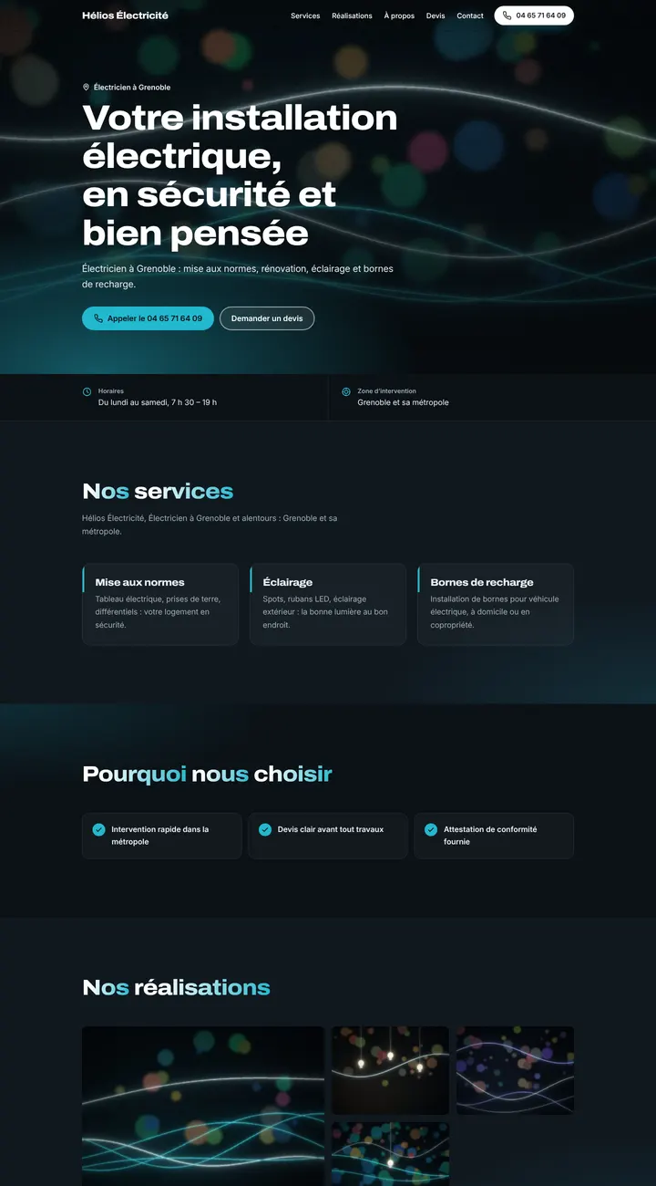 Haut du site d’exemple Hélios Électricité, style Nuit